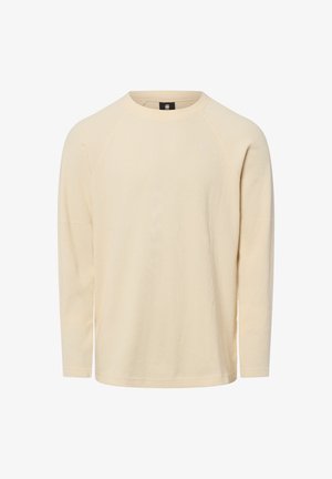 Langærmet T-shirt i cremefarve med et tekstureret, ribbet design og rund halsudskæring. Har raglanærmer og en afslappet pasform.