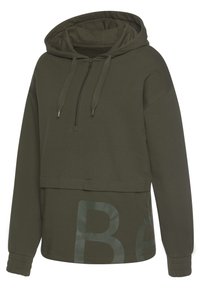Pullover hoodie verde oliva realizzato in tessuto morbido, con zip frontale, coulisse e dettaglio 'B' in gomma sul fondo.