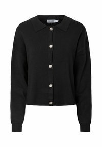 Črni pleteni jopič s ovratnikom, z šestimi dekorativnimi gumbi spredaj in rebrastimi manšetami, kratka zasnova.