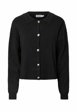 Czarny dziergany kardigan z kołnierzem, ozdobiony sześcioma dekoracyjnymi guzikami z przodu oraz wykończeniem z prążkowanym mankietem, krótki fason.