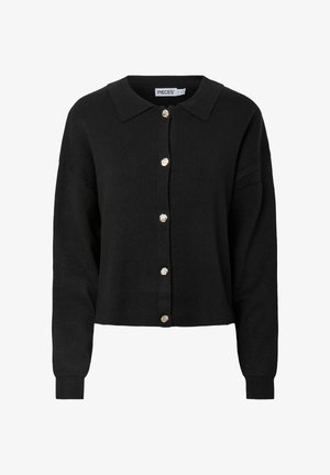 Melnas adītas kardigans ar apkakli, sešām dekoratīvām pogām priekšpusē un ribotām aprocēm, īss dizains.