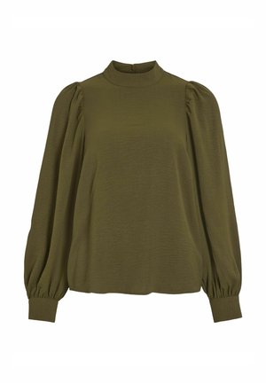 Olijfgroene blouse met lange mouwen, hoge kraag, gerimpelde schouders en elastische manchetten. Zachte textuur en een ontspannen pasvorm.