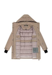 Doudoune beige avec capuche, présentant une doublure matelassée rose, des boutons pression et des poches intérieures. Logo "NAVAHOO" embossé sur le col.