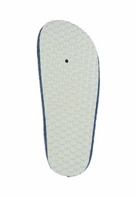 Shoe insole featuring a textured white rubber bottom with a hexagonal pattern, bordered by a soft blue fabric edge. Round hole in center.