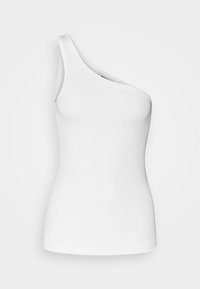 Débardeur blanc côtelé à une épaule avec encolure asymétrique et taille ajustée sur fond uni.