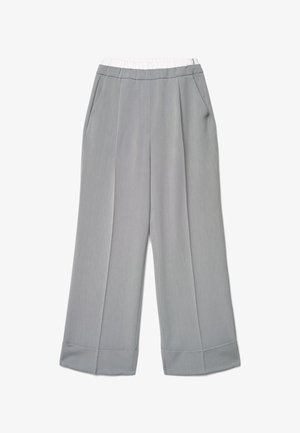 Light gray wide-leg trousers with a white elastic waistband, side pockets, and cuffed hems, displayed flat on a white background.