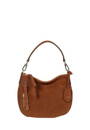 Brown suede handbag with a single handle, zipper pocket on the side, and a small attached tag with brand logo.