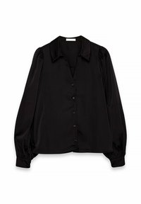 Blusa di raso nera con colletto, abbottonatura frontale, maniche lunghe a sbuffo e dettagli arricciati ai polsini e all'orlo.