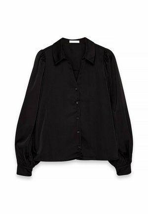 Juoda satino blusa su apykakle, mygtukų priekine dalimi, ilgomis pūstomis rankovėmis ir susiraukšlėjimais ant rankovių ir apatinės krašto.
