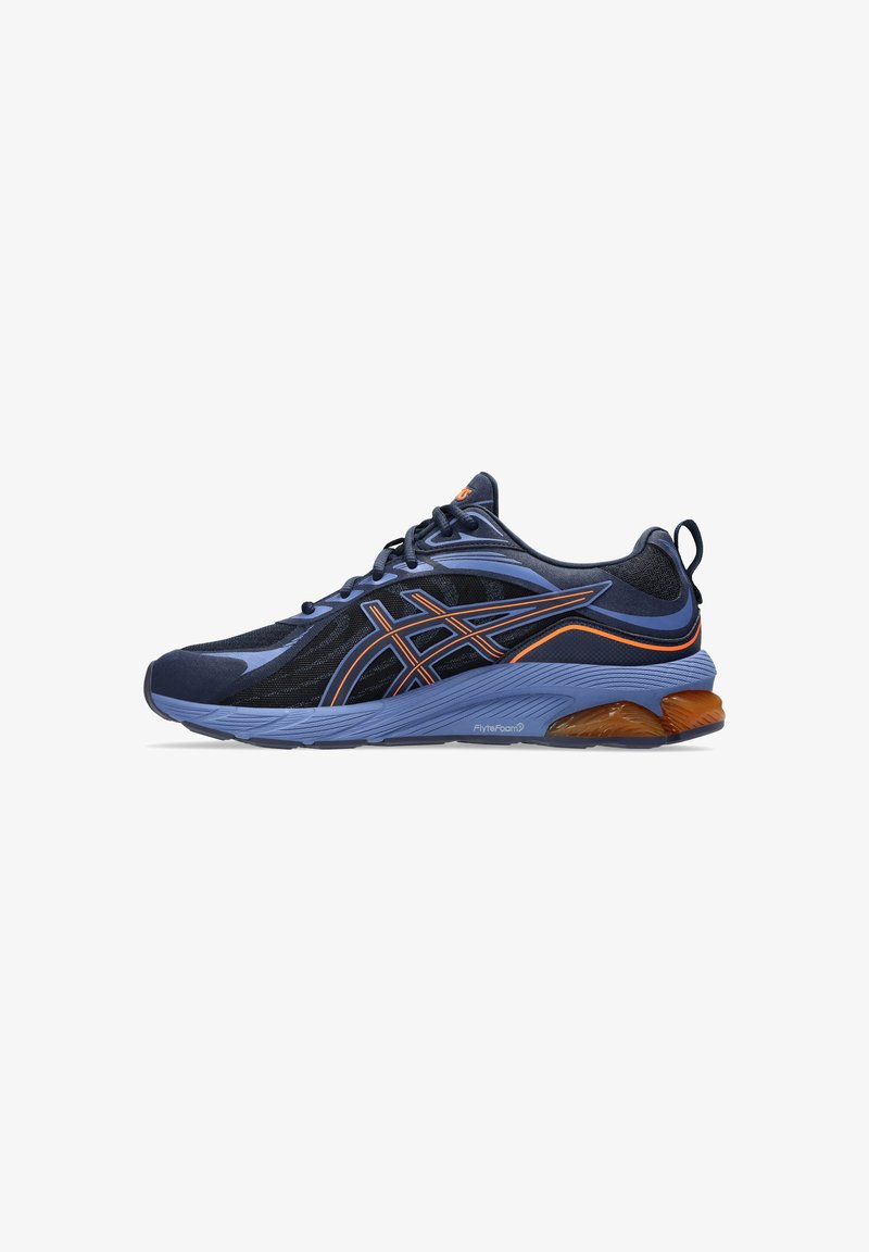Men’s running shoes, featuring a navy mesh upper with orange accents, a blue midsole, and a textured rubber outsole.
