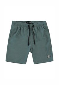 Groene zwembroek met een elastische tailleband en trekkoord, voorzien van zijzakken en een ronde logopatch op de onderste linkerbeen.