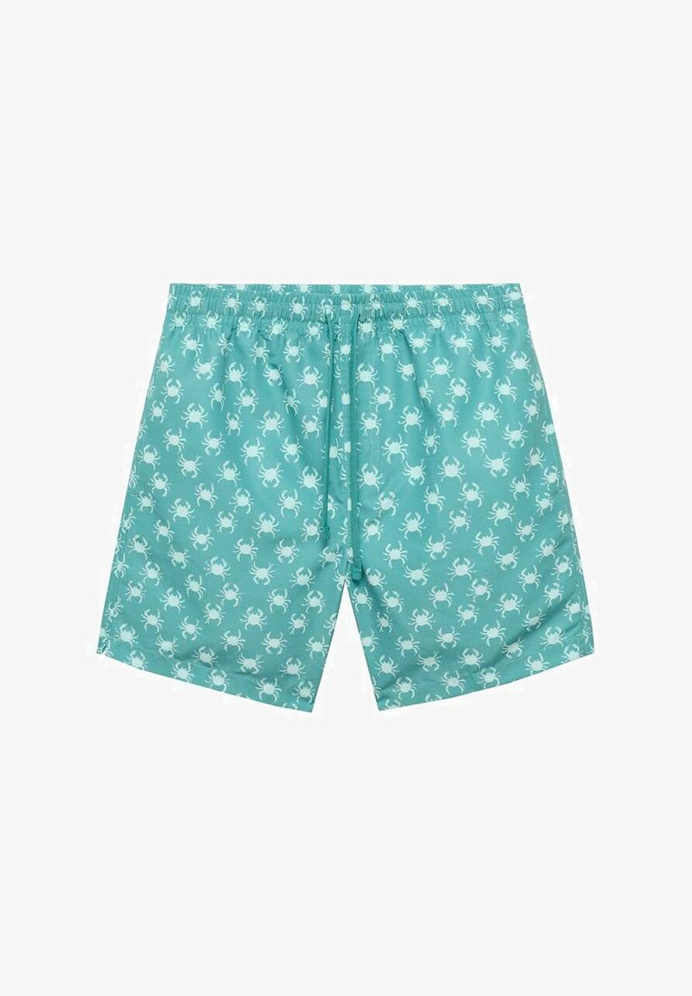 Turkosa badshorts gjorda av lättviktsmaterial, med ett upprepande mönster av vita krabbor och ett elastiskt midjeband med dragsko.