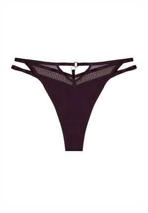 Purple thong with a smooth fabric front, featuring sheer mesh panels and double strap details. Silver ring accent at the back.