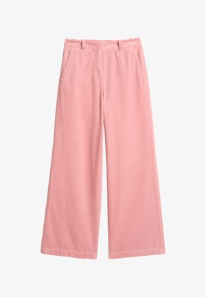 Rožnate široke hlače iz manšestraste tkanine z rebrasto teksturo, bočnimi žepi in zglajeno pasovino, primerne za priložnostno nošenje.