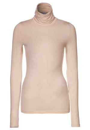 Chemise beige à manches longues avec col roulé, coupe ajustée et tissu doux, dotée d'un col plié.