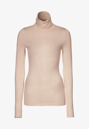 Beige langärmelig shirt met coltrui, aangesloten ontwerp en zachte stof, met een opgevouwen kraag.