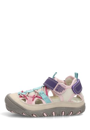 Sandalia infantil para exterior con tiras moradas y rosas, detalles turquesa, laterales de malla y suela gris resistente con detalles rosas.