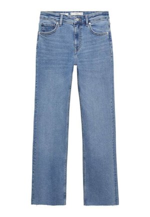 Jeans in denim blu chiaro con un design a gamba dritta, dotati di cinque tasche, zip e bottone, e orlo grezzo alle caviglie.
