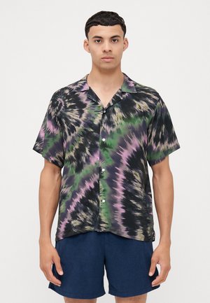 Short-sleeve tie-dye shirt in black, green, and purple. Features button closure, revere collar, and loose fit. Smooth fabric texture.