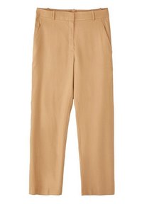Pantalon beige à jambe droite avec passants de ceinture, poches fendues devant et fermeture éclair dissimulée à l'avant.