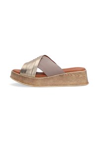 Bronze metallic slide sandal with two textured straps, brown leather footbed, and a grooved wooden platform sole.