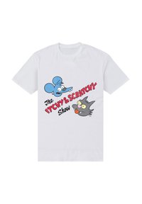 Weißes T-Shirt mit kurzen Ärmeln, das eine Cartoon-Grafik einer blauen Maus und einer grauen Katze zeigt, mit rotem Text "Die ITCHY & SCRATCHY Show."