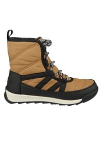 Mid-calf vanntette støvler i tan og svart, med en quiltet overdel, svarte stropper og en gummisåle med teksturert detaljering.