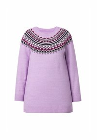 Lila Pullover mit rundem Ausschnitt, langen Ärmeln und einem dekorativen Muster in Dunkelpurpur, Schwarz und Weiß im Kragenbereich.