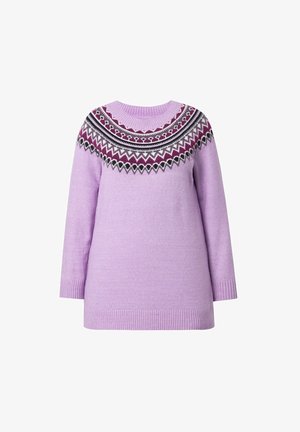 Sweter w kolorze lila z okrągłym dekoltem, długimi rękawami oraz dekoracyjnym wzorem w ciemnofioletowym, czarnym i białym wokół strefy kołnierza.