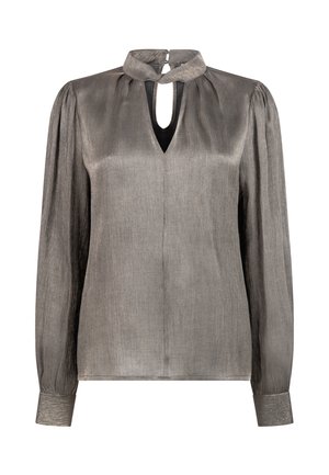 Langarmp blouse van metallic grijs materiaal met een sleutelgat halslijn, geplooide details en manchetten. Zachte textuur. Minimalistisch ontwerp.
