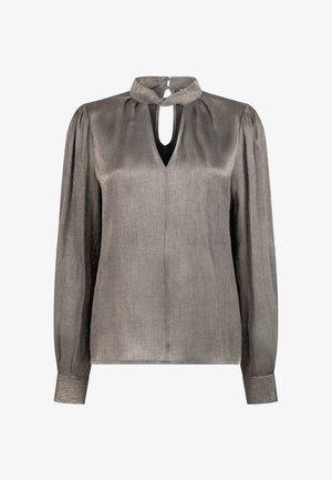 Langarmp blouse van metallic grijs materiaal met een sleutelgat halslijn, geplooide details en manchetten. Zachte textuur. Minimalistisch ontwerp.