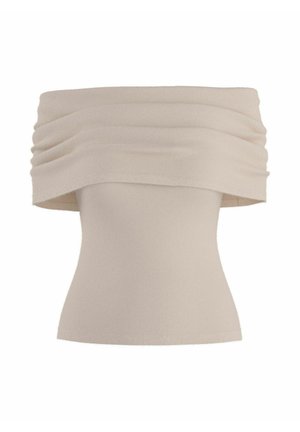 Beige strikket top med bare skuldre, med en bred, blødt foldet halsudskæring og en tætsiddende pasform.