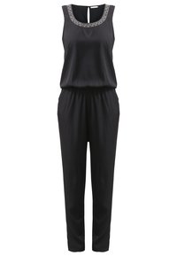 Combinaison noire sans manches avec taille élastique, jambes droites et détail d'encolure arrondie brodée en argent.