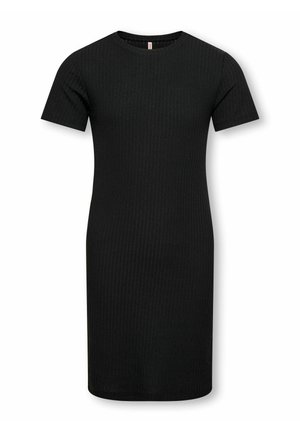 Sort ribstrikket kortærmet knælængde kjole med rund halsudskæring, tætsiddende pasform og teksturerede lodrette linjer.