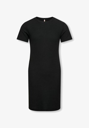 Sort ribstrikket kortærmet knælængde kjole med rund halsudskæring, tætsiddende pasform og teksturerede lodrette linjer.