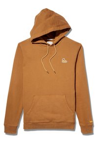 Sudadera marrón con capucha, bolsillo frontal, cordones y un pequeño parche de bota en el lado izquierdo del pecho. Logo de Timberland en el puño de la manga izquierda.