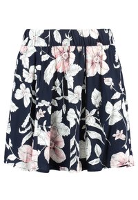 Blomsterkjol i marinblått med veck, med vita och rosa blommönster. Elastisk midja med en mjuk, lätt tygkvalitet.