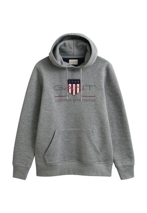 Γκρι φούτερ με κουκούλα, μπροστινή τσέπη, κορδόνια και λογότυπο "GANT 1949 American Sportswear" με έμβλημα ασπίδας στο στήθος.