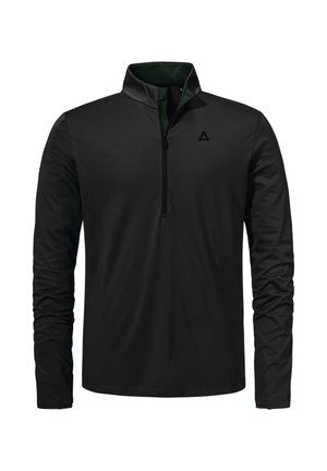 Schwarzer Pullover mit langen Ärmeln und einem halbseitigen Reißverschluss-Kragen, gefertigt aus glattem Stoff. Verfügt über einen grünen Innenkragen und ein kleines Logo auf der Brust.