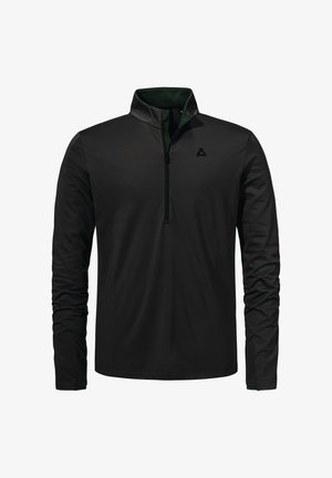 Schwarzer Pullover mit langen Ärmeln und einem halbseitigen Reißverschluss-Kragen, gefertigt aus glattem Stoff. Verfügt über einen grünen Innenkragen und ein kleines Logo auf der Brust.