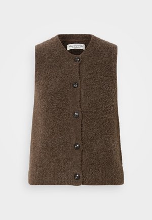 Braune Wollweste mit Rundhalsausschnitt, Knopfverschluss und strukturiertem Finish. Verfügt über sechs schwarze Knöpfe an der Vorderseite zum Schließen.