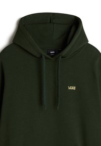 Sweat à capuche Vans vert foncé avec cordons et petit logo Vans jaune sur la poitrine, montrant la partie supérieure avant et la zone de la capuche.