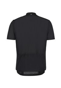 Svart cykeltröja med kort ärm, med meshnätpaneler för andningsförmåga, en krage och elastisk nederkant med en längre bakdel.