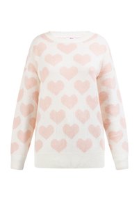 Maglione bianco dalla vestibilità ampia, caratterizzato da un motivo a cuore rosa chiaro ripetuto. Texture morbida con polsini e orlo a coste.