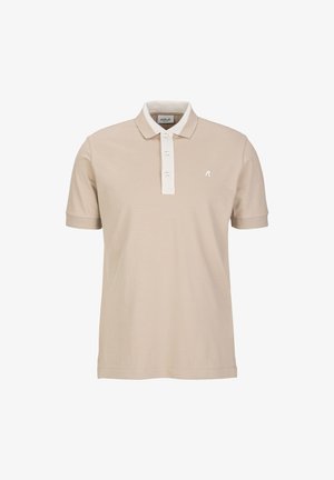 Beige polo shirt made of cotton, featuring a white collar and three-button placket. Small logo on the left chest. Short sleeves.