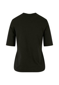 T-shirt noir à manches courtes avec col rond, vu de dos sur un fond blanc uni.
