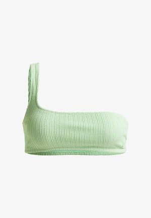 Jasnozielony bikini top na jedno ramię, wykonany z teksturowanej tkaniny z prążkowanym wzorem; dopasowany krój bez okucia i ozdób.
