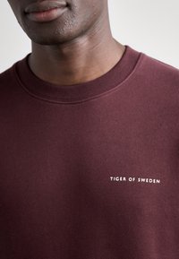 Primo piano di una persona che indossa un felpa bordeaux con la scritta "TIGER OF SWEDEN" stampata in piccole lettere bianche sul petto.