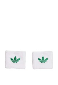Witte katoenen polsbandjes met groen geborduurd trefoil-logo, met een gestructureerd oppervlak en rechthoekige vorm.