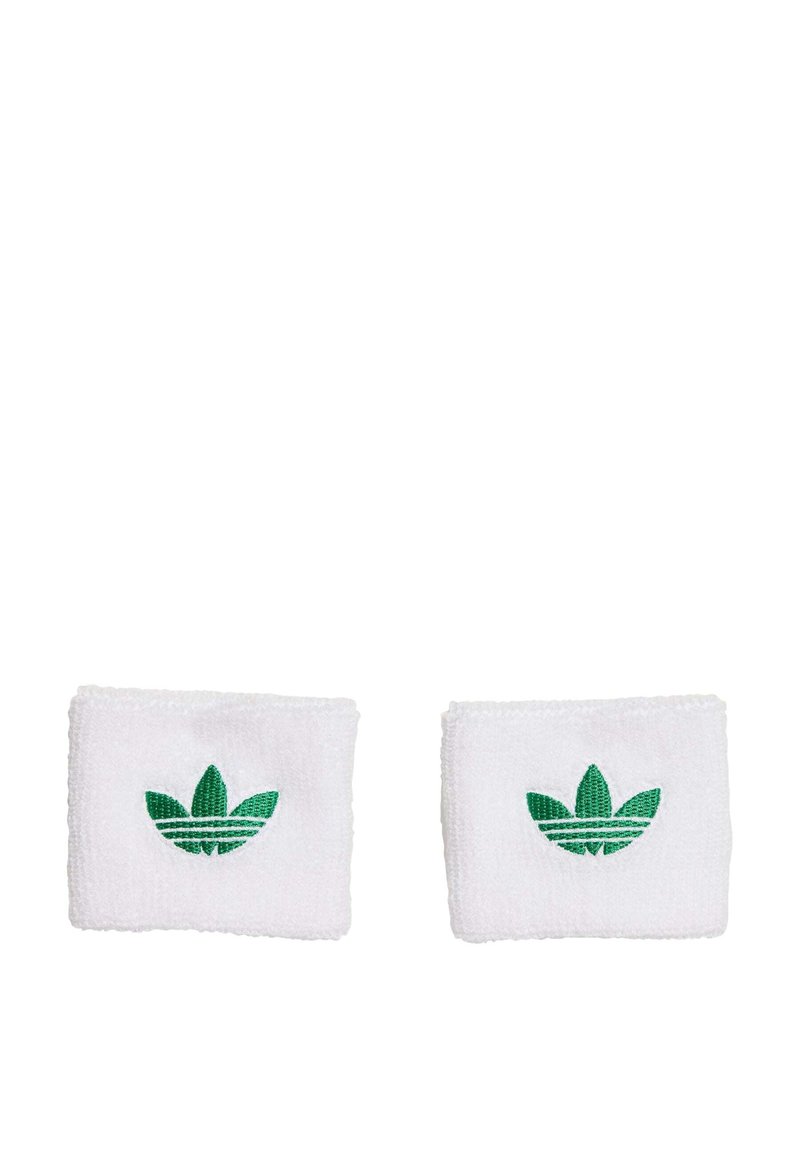 Witte katoenen polsbandjes met groen geborduurd trefoil-logo, met een gestructureerd oppervlak en rechthoekige vorm.